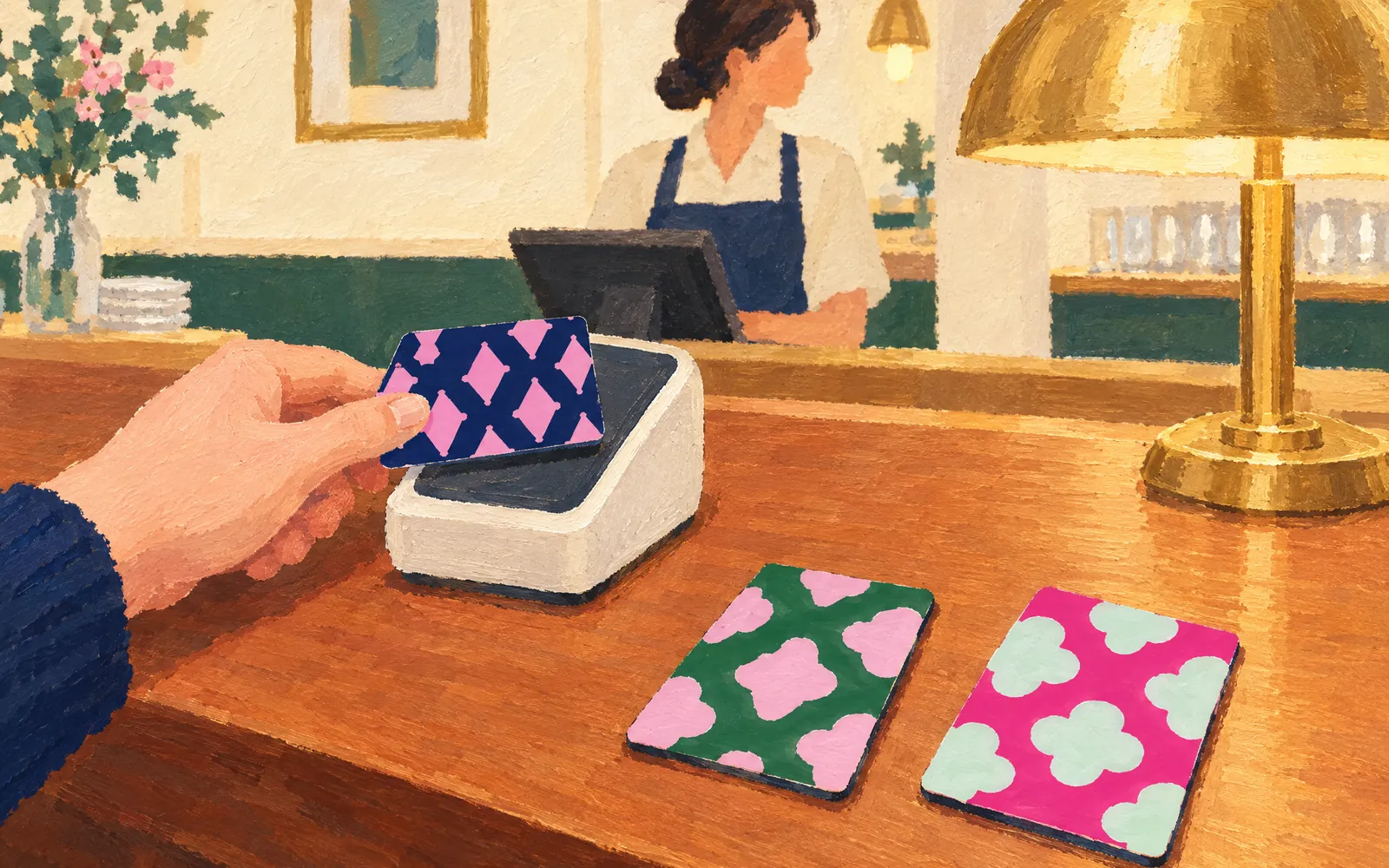 Illustration: a member tapping a Majoy Card at the counter