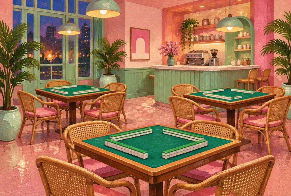 A Majoy mahjong room: automated tables set with tiles, rattan chairs and palms